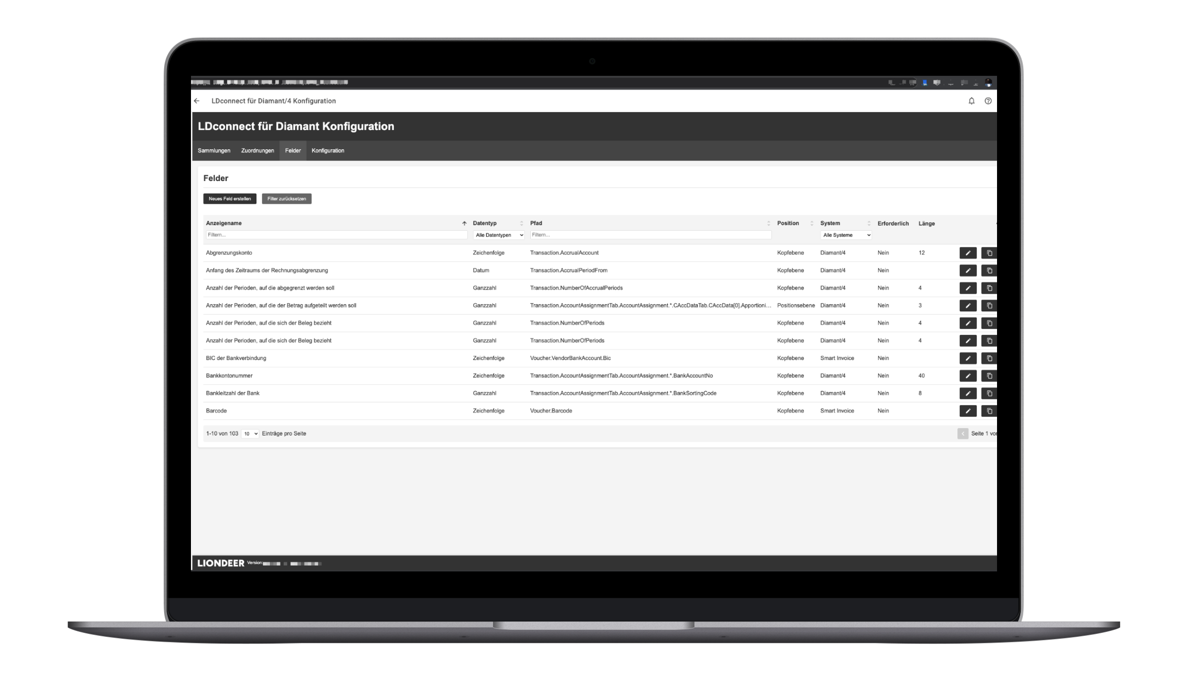 Laptop mit einer Konfigurationsoberfläche für LDconnect, die eine Datentabelle mit Feldern, Datentypen, System- und Bearbeitungsoptionen anzeigt.