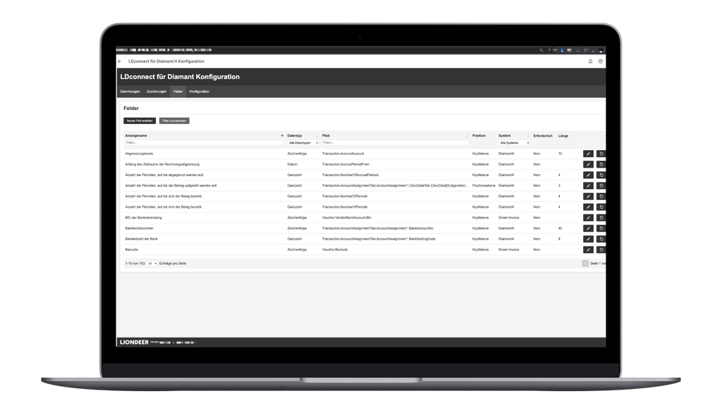 Laptop mit einer Konfigurationsoberfläche für LDconnect, die eine Datentabelle mit Feldern, Datentypen, System- und Bearbeitungsoptionen anzeigt.