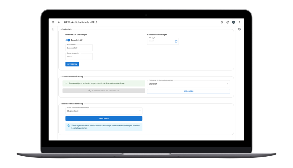 Ein Laptop-Bildschirm, auf dem die Einstellungsoberfläche der HR Works-API angezeigt wird, einschließlich der Bereiche für Anmeldedaten, Datenbankkonfiguration und Reisekostenabrechnung.