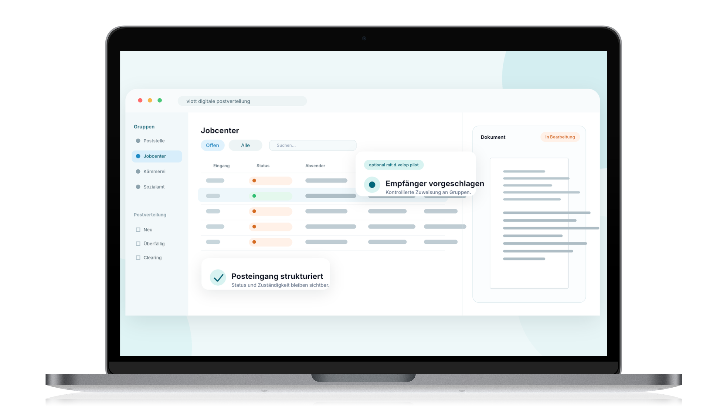 Laptop-Bildschirm, auf dem eine digitale Oberfläche für die Postverteilung mit Kategorien wie „Jobcenter“ und Funktionen wie einem strukturierten Posteingang und Empfängervorschlägen angezeigt wird.