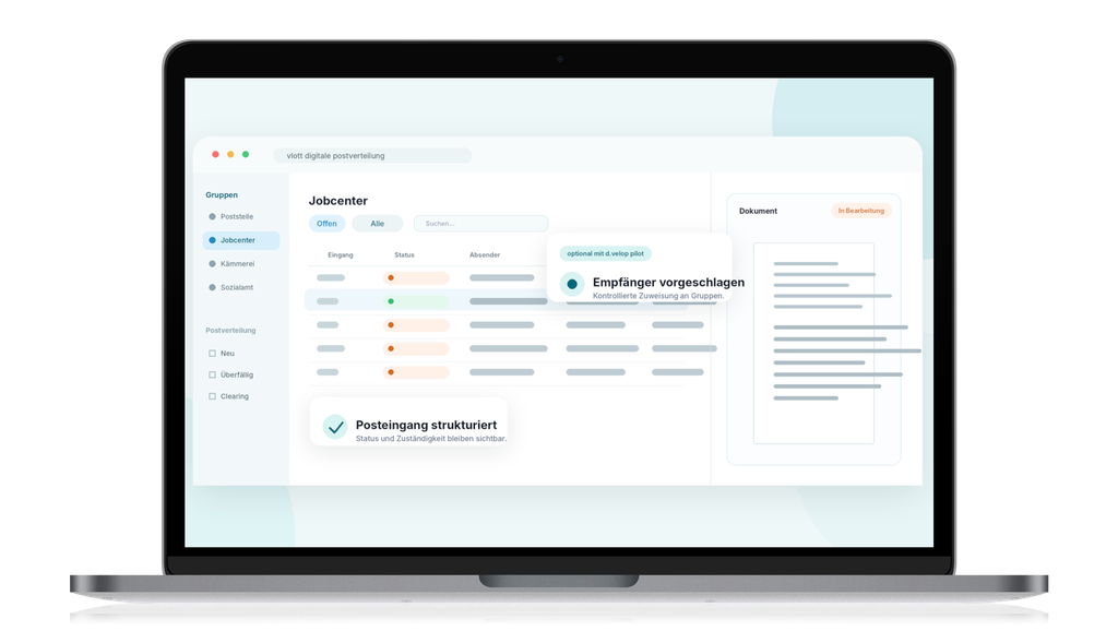 Laptop-Bildschirm, auf dem eine digitale Oberfläche für die Postverteilung mit Kategorien wie „Jobcenter“ und Funktionen wie einem strukturierten Posteingang und Empfängervorschlägen angezeigt wird.