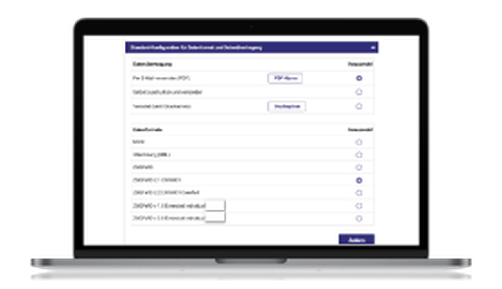 Laptop-Bildschirm, auf dem ein Formular zur Auswahl eines Abonnements mit Optionen für PDF-Downloads und erweiterte Dienste sowie eine Vorschau-Schaltfläche angezeigt wird.