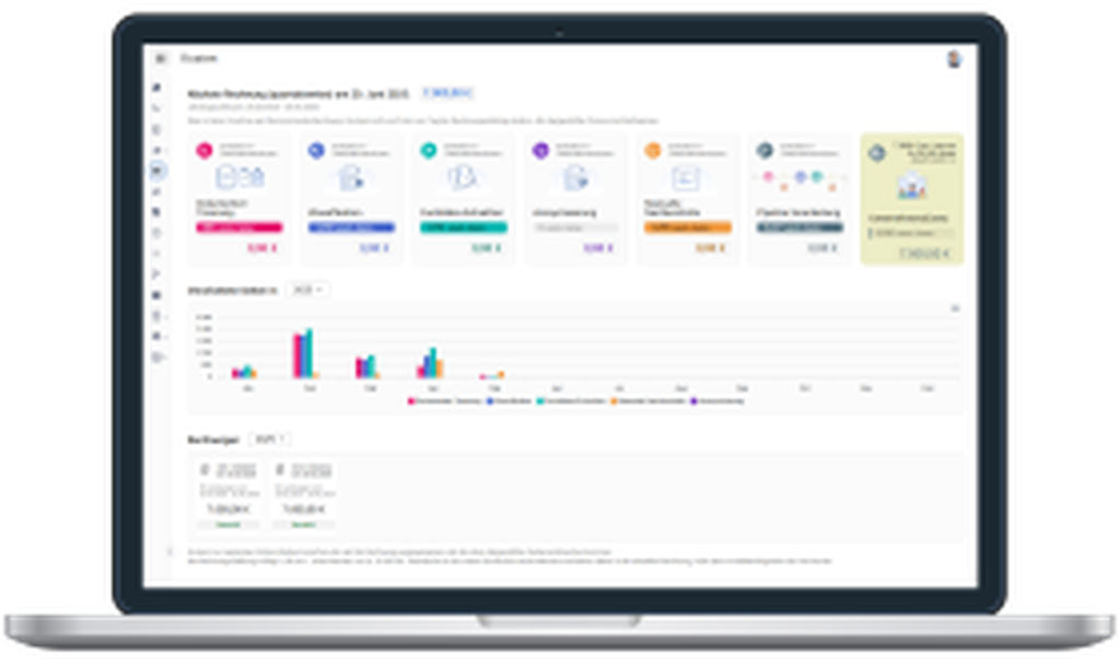Ein Laptop-Bildschirm, auf dem ein Datenanalyse-Dashboard mit bunten Diagrammen, Grafiken und Finanzkennzahlen angezeigt wird.