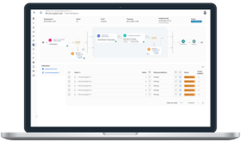 Laptop mit Workflow-Management-Software mit Zeitleiste und Aufgabenliste. Symbole und Text zeigen verschiedene Phasen und Aufgabenstatus an.