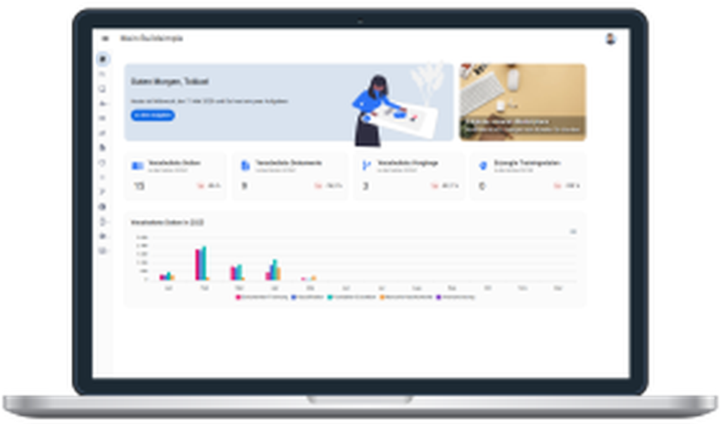 Ein Laptop-Bildschirm, auf dem ein Dashboard mit Diagrammen, Daten und einem Navigationsmenü angezeigt wird. Oben sind eine Illustration und ein kleines Bild eines Arbeitsbereichs zu sehen.
