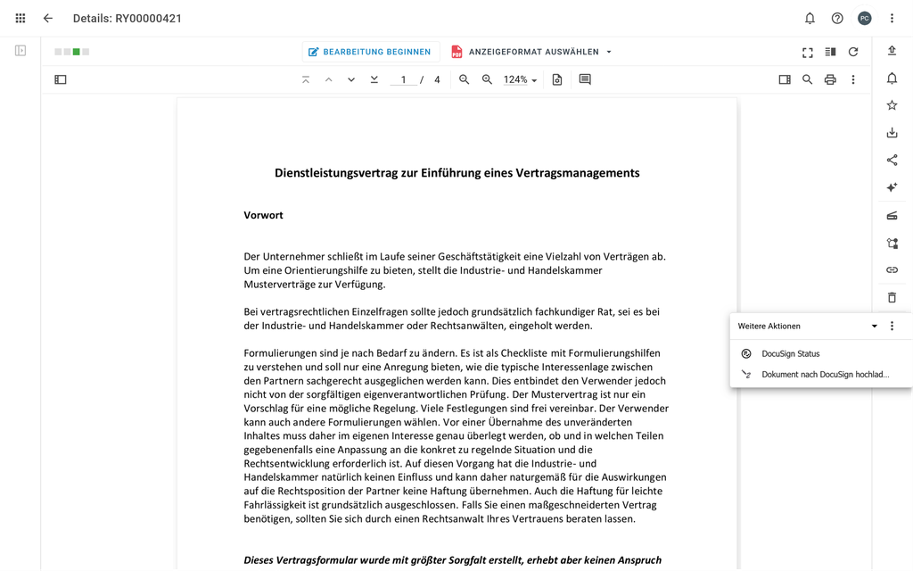 Screenshot of a German contract document titled ‘Service Agreement for the Implementation of Contract Management’, showing the text and toolbar options.