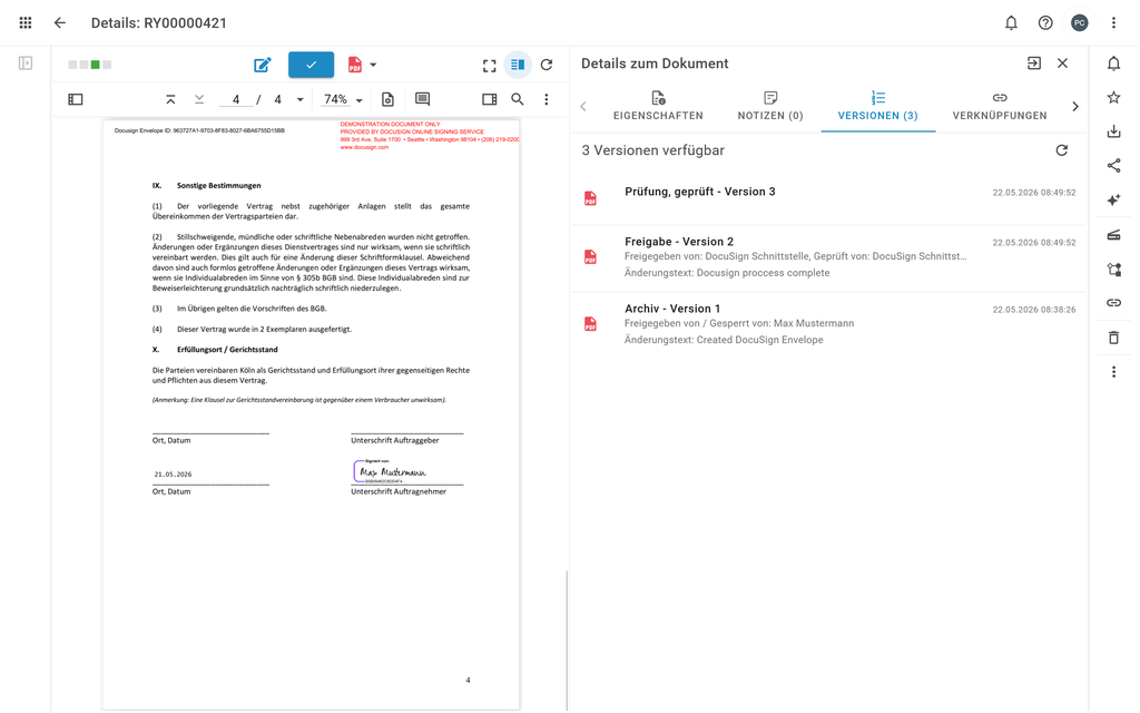 Digitale Dokumentenansicht, in der links eine Vertragsseite und rechts Details zum Versionsverlauf des Dokuments angezeigt werden.