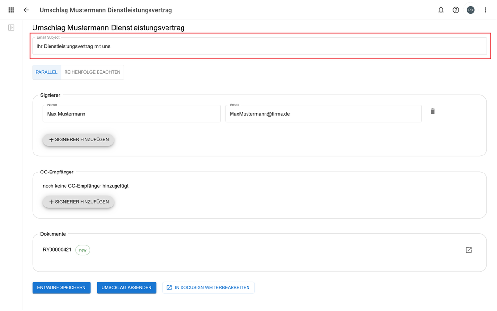 Screenshot einer deutschen Benutzeroberfläche für die Online-Unterzeichnung von Dokumenten mit Feldern für Angaben zum Unterzeichner, E-Mail-Betreff, CC-Empfänger und Dokument-ID.
