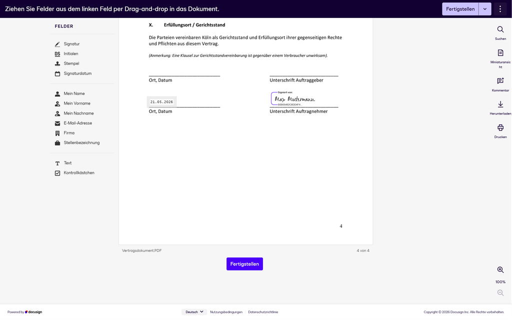 Docusign-Oberfläche, auf der ein Vertrag zur Unterzeichnung angezeigt wird. Das Dokument legt Köln als Gerichtsstand fest und enthält Unterschriftsfelder.