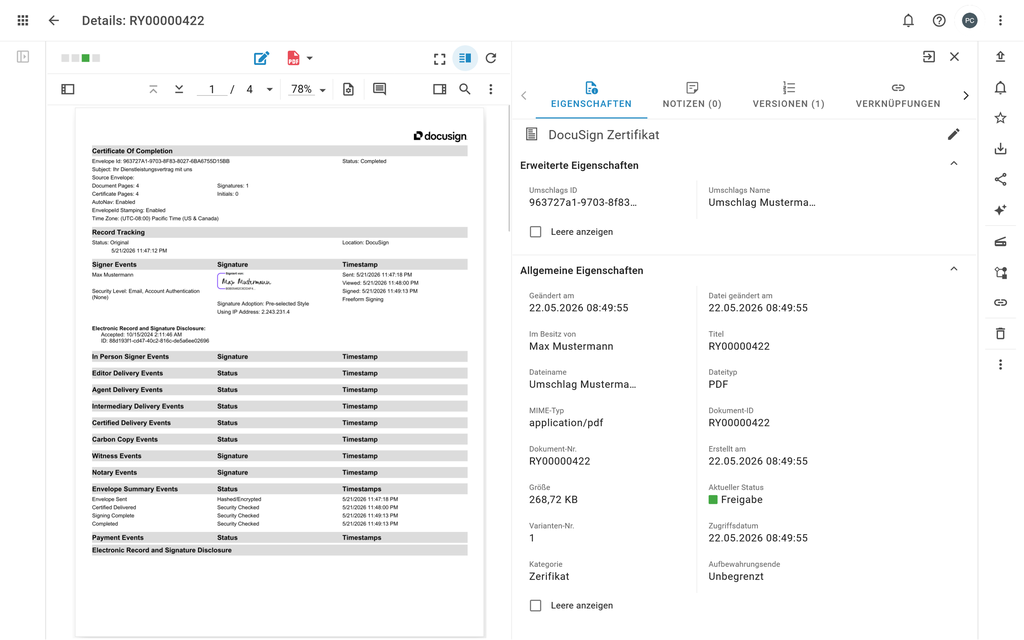 Screenshot eines DocuSign-Zertifikatsdokuments mit Details wie Unterzeichnerereignissen, Zeitstempeln und Umschlageigenschaften im rechten Bereich.