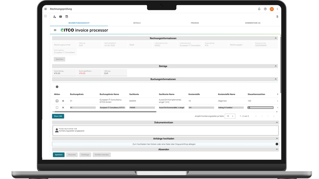 Ein Laptop-Bildschirm, auf dem eine Benutzeroberfläche zur Rechnungsbearbeitung mit verschiedenen Feldern und Dateneingaben angezeigt wird, darunter Rechnungs- und Kontoinformationen.