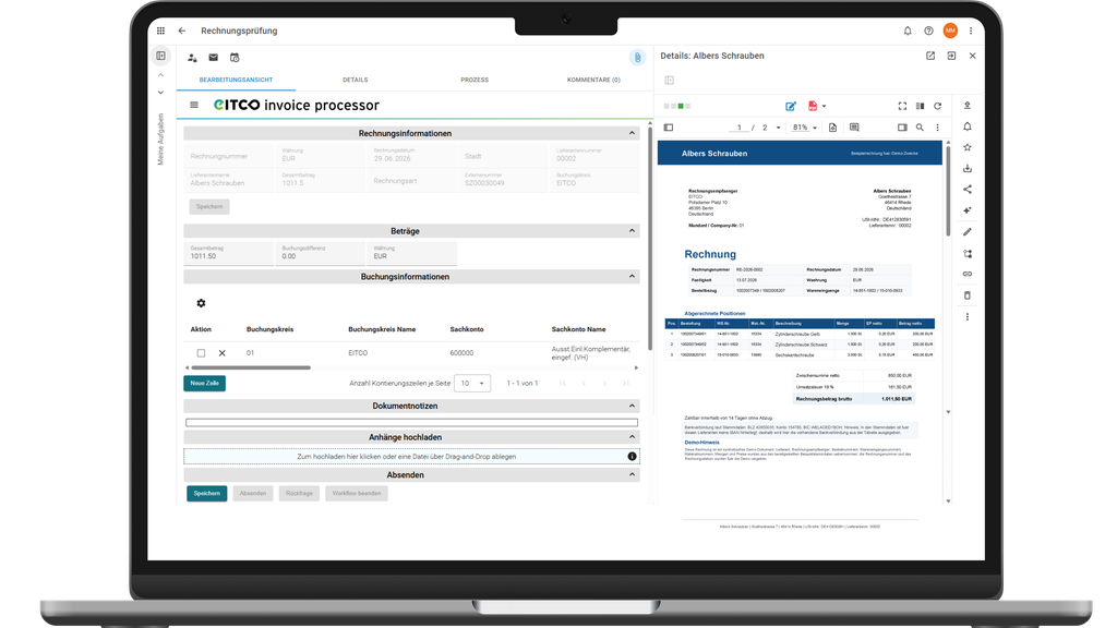 Ein Laptop-Bildschirm, auf dem die Benutzeroberfläche einer Rechnungsbearbeitungssoftware mit detaillierten Rechnungsdaten und Optionen zur Dokumentenverwaltung angezeigt wird.
