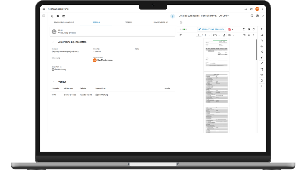 Laptop mit der Benutzeroberfläche einer Rechnungsbearbeitungssoftware, auf der Rechnungsdetails, der Verlauf und Miniaturansichten der Dokumente angezeigt werden.