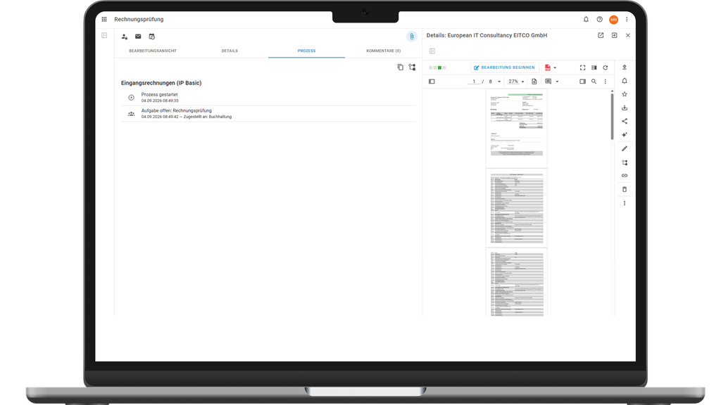 Ein Laptop-Bildschirm, auf dem eine Anwendung zur Rechnungsbearbeitung angezeigt wird, mit einer Liste von Aufgaben und einer Vorschau eines mehrseitigen Dokuments auf der rechten Seite.