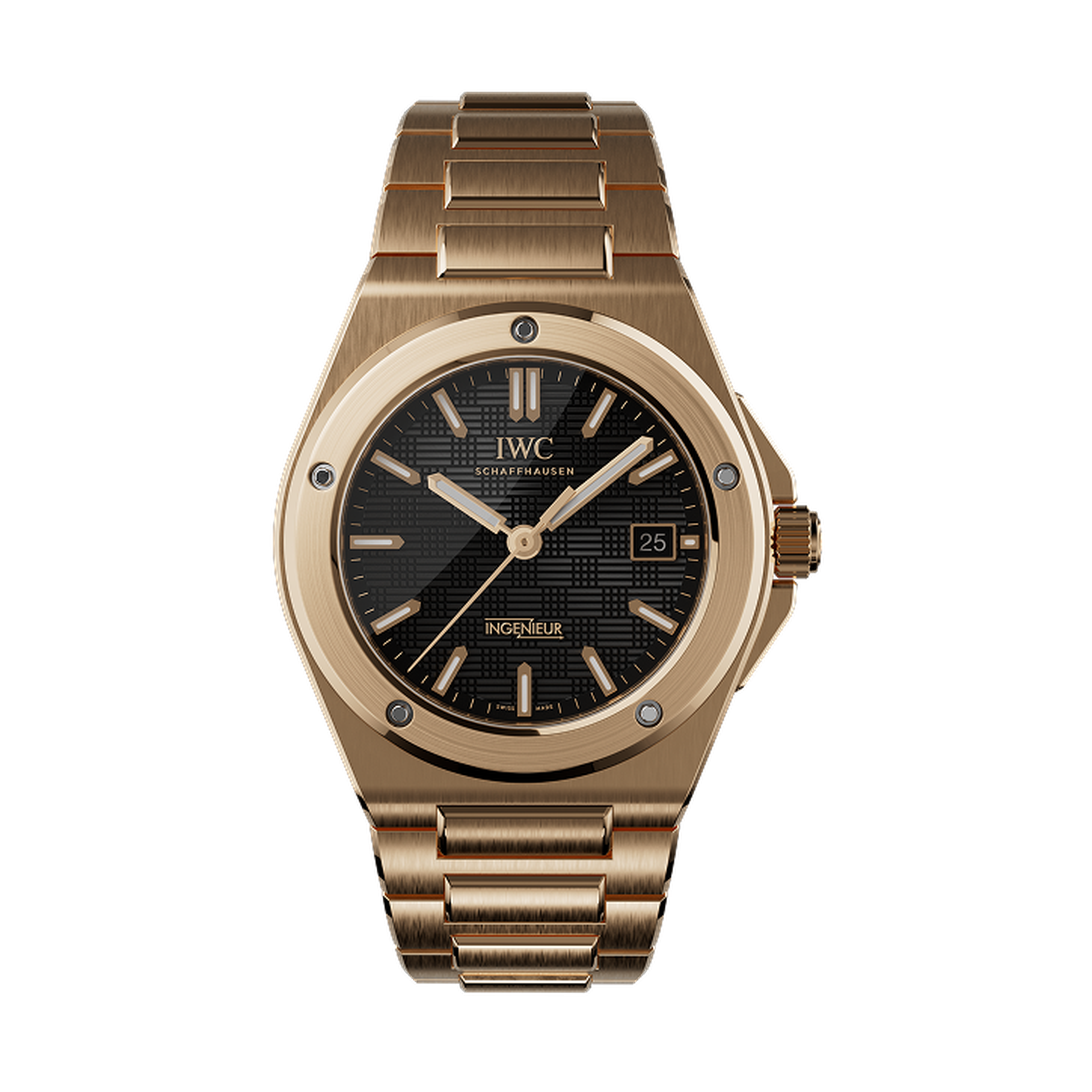 A front shot of Ingenieur Automatic 40 with black dial, gold case and gold bracelet