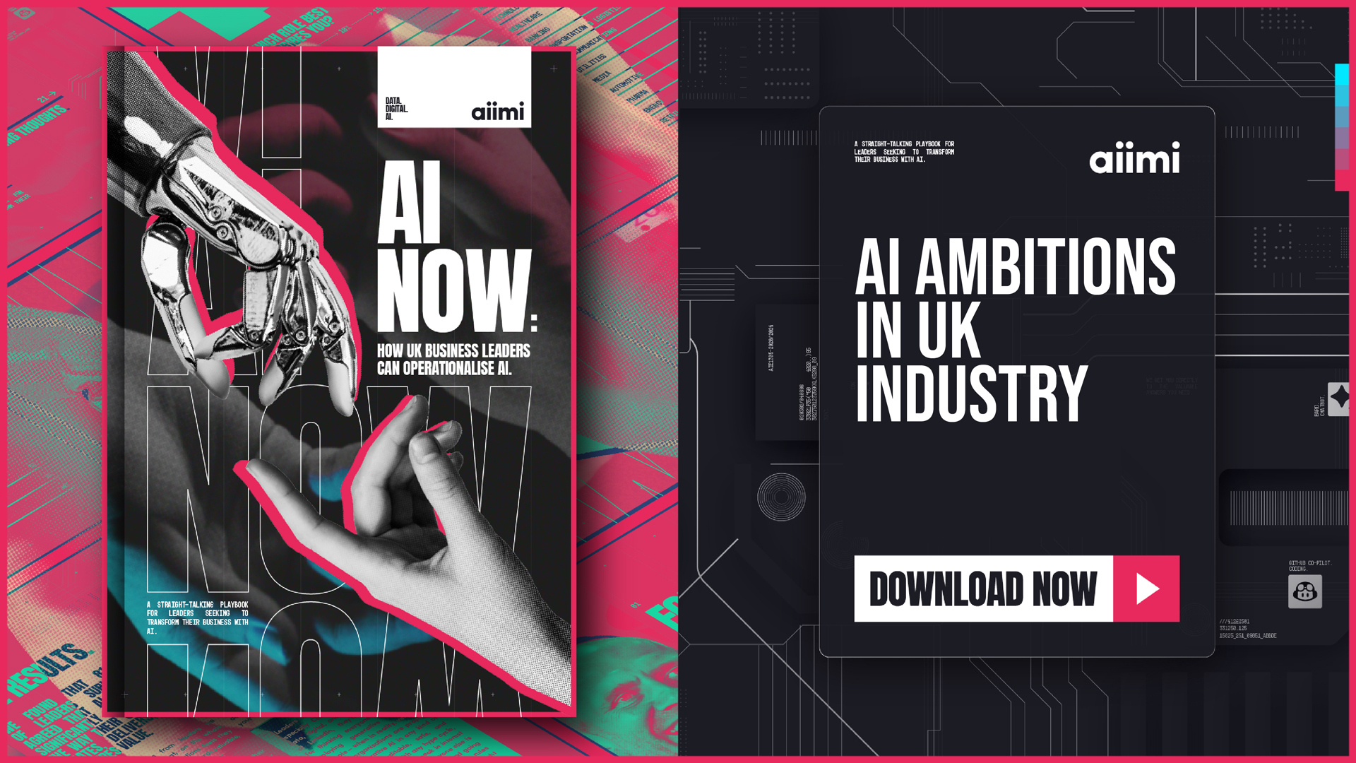 Futuristic magazine cover featuring AI and human hands, with text "AI Now: How UK Business Leaders Can Operationalise AI," and a download button.