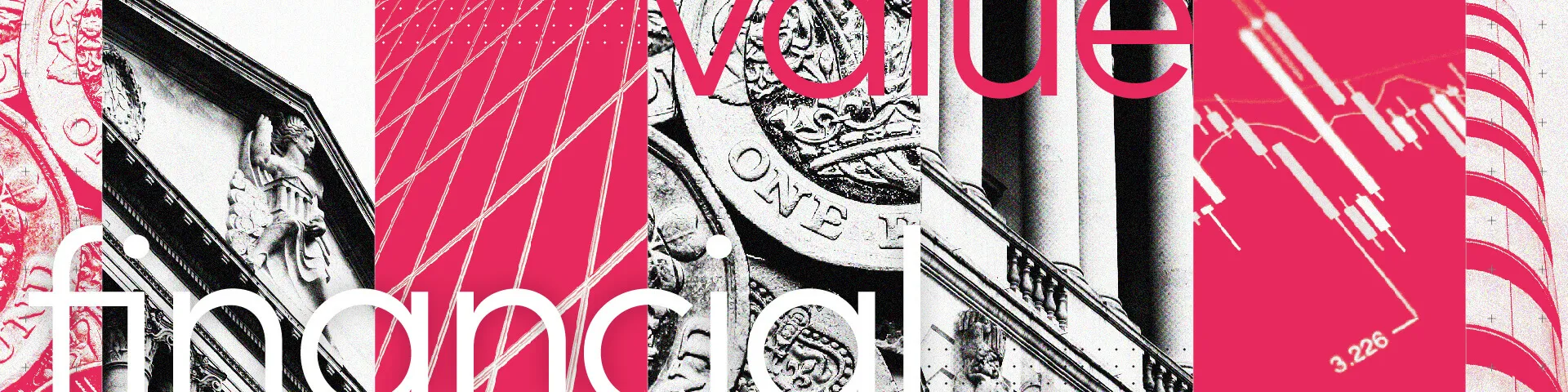 Abstract collage with financial symbols, including currency, graphs, and text elements in red and white tones.