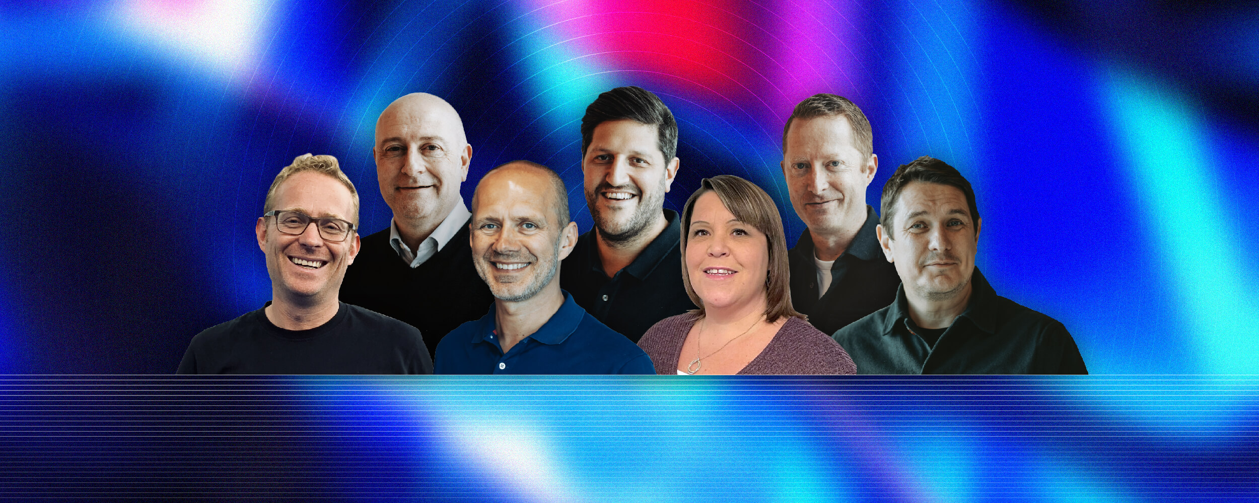 Graphical banner of several aiimi team members headshots placed on a vibrant gradient background.