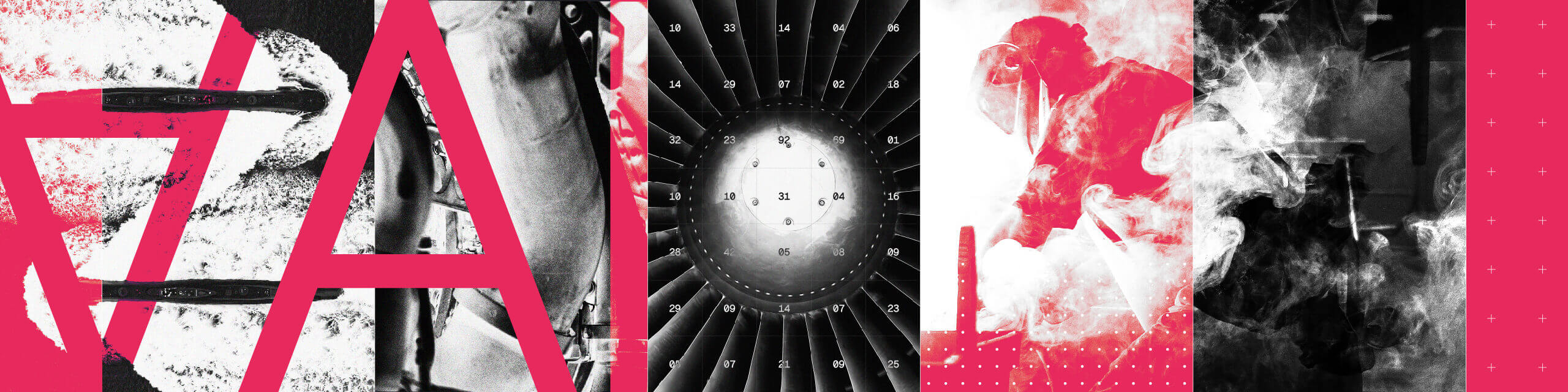 Abstract collage with red accents featuring manufactured items, radial pattern, and smoke effects.