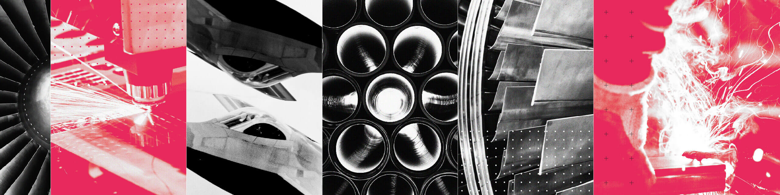 Abstract collage with industrial elements, including turbines, pipes, and geometric shapes in red, black, and white tones.