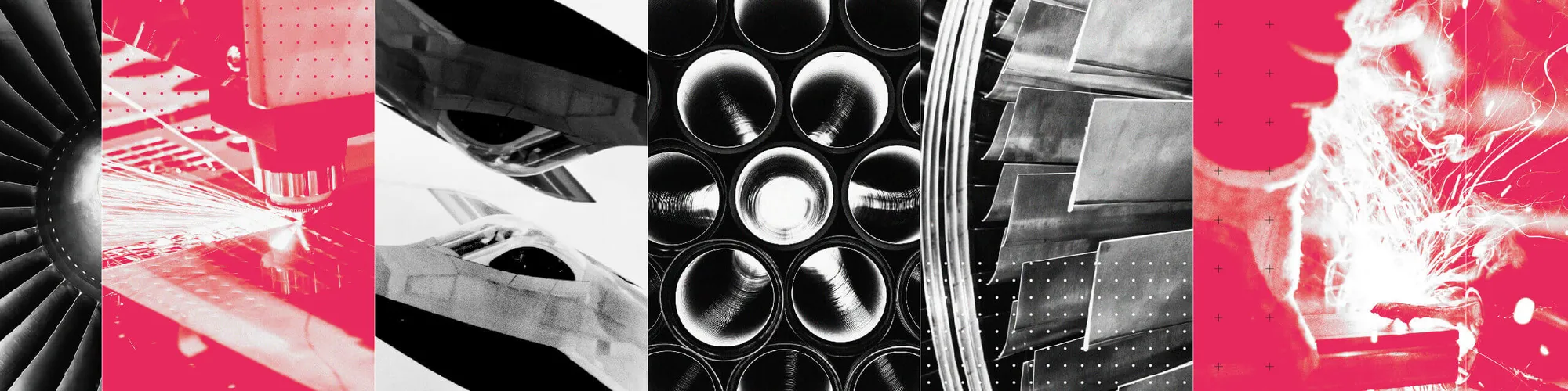 Abstract collage with industrial elements, including turbines, pipes, and geometric shapes in red, black, and white tones.