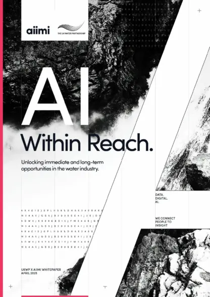Abstract black and white cover titled "AI Within Reach," focusing on AI opportunities in the water industry.