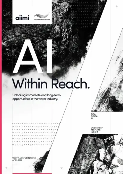 Abstract black and white cover titled "AI Within Reach," focusing on AI opportunities in the water industry.