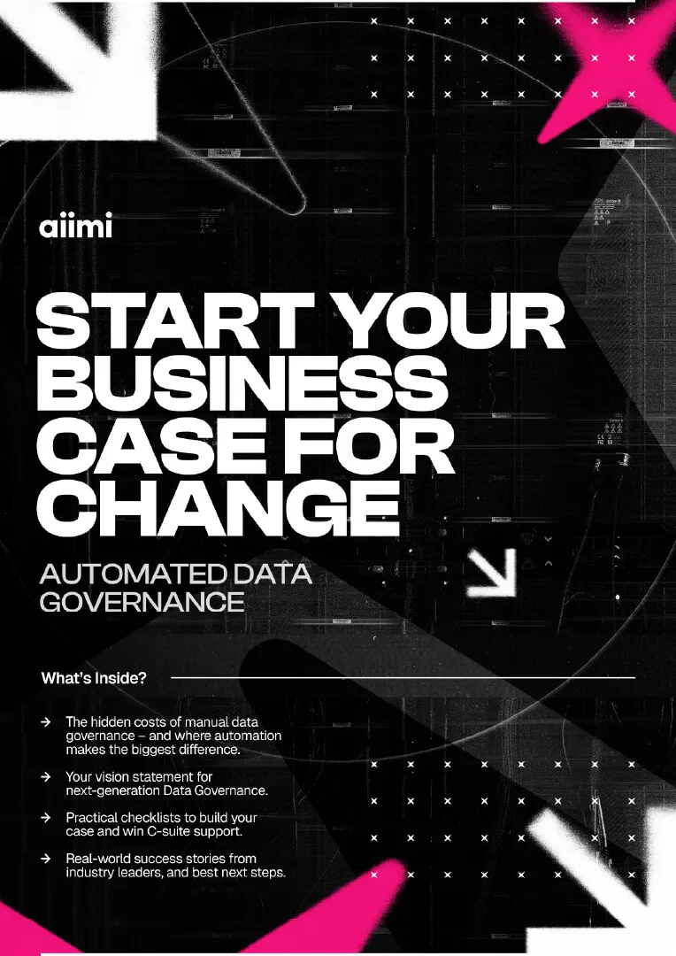 Abstract design with bold text: "Start Your Business Case for Change: Automated Data Governance." Features highlights and checklist details.