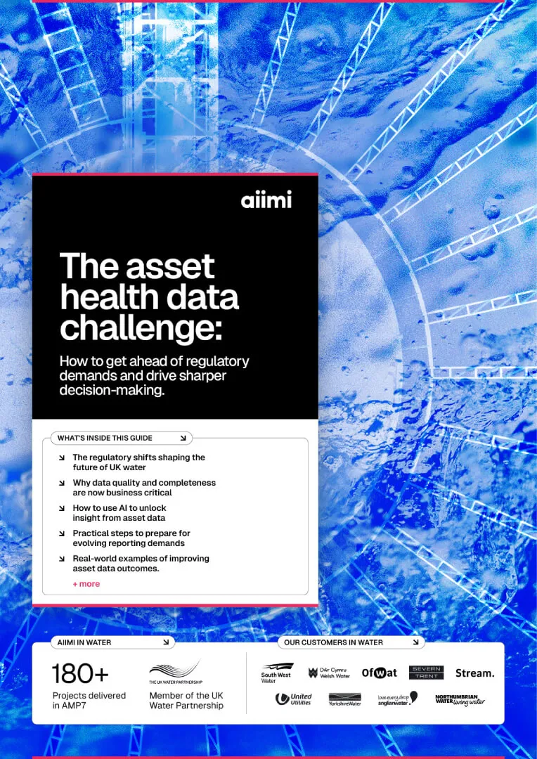 Promotional poster for Aiimi discussing "The Asset Health Data Challenge" with topics on AI and regulatory demands in UK water management.