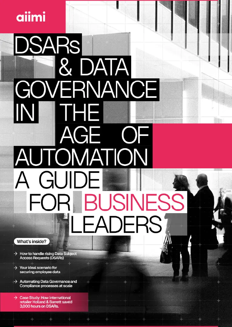 Cover image for a guide on "DSARs & Data Governance in the Age of Automation" by aiimi, featuring silhouettes of business people.