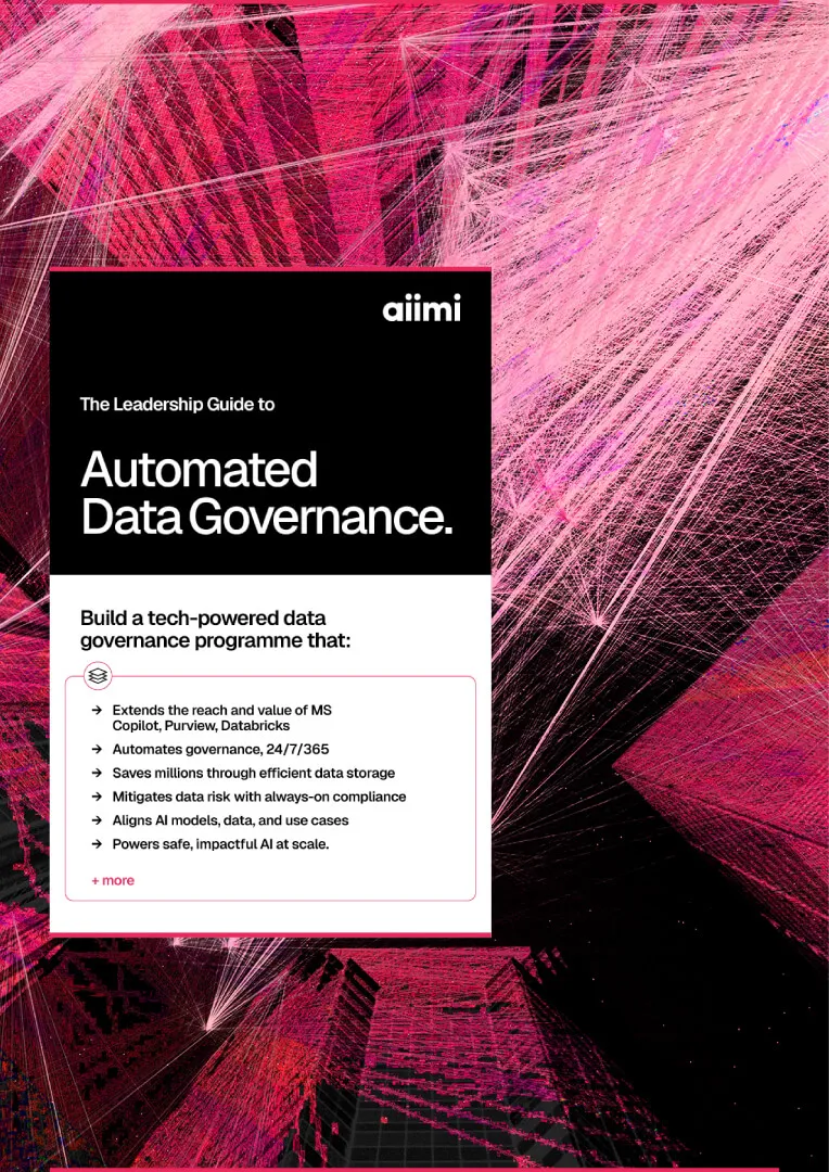 Abstract pink and black digital background with a text box titled "Automated Data Governance" by Aiimi, describing benefits of tech-powered governance.