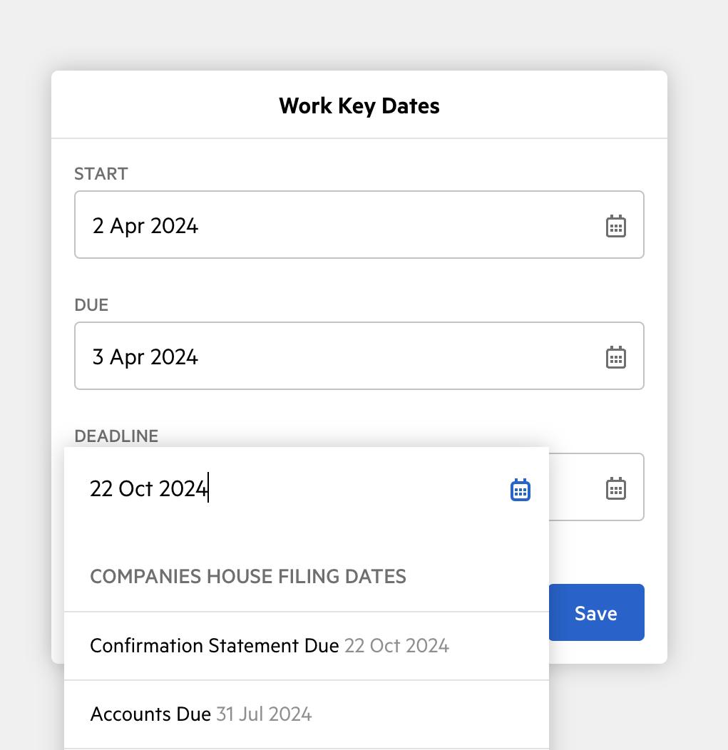 This image shows the deadline feature pulling in Companies House filing dates