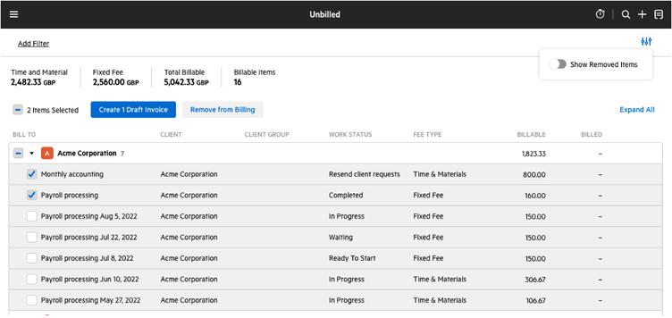remove work items from unbilled