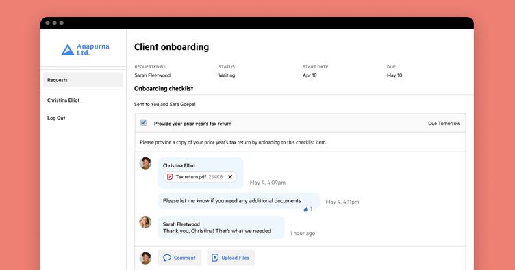 Image of client onboarding UI in a branded client portal.