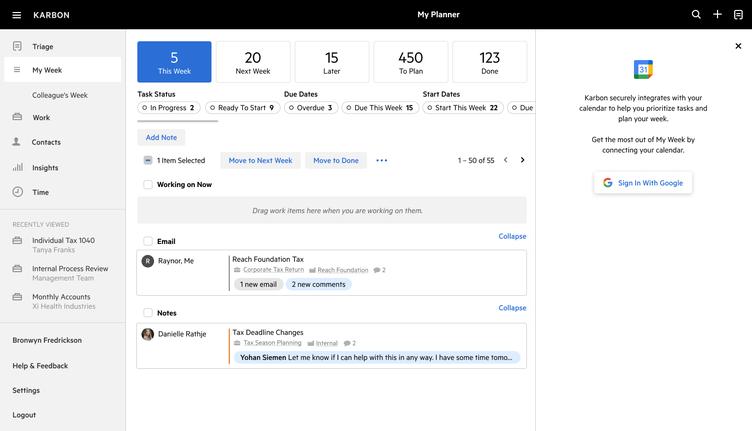 Image of the UI for connecting a Google calendar in Karbon.