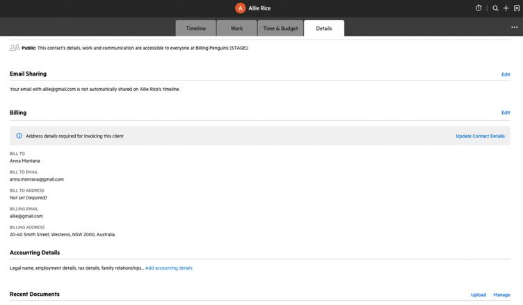 Billing section on contacts and work