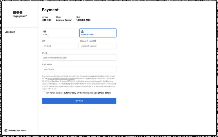 A client portal that shows how Australian customers can pay using direct debits