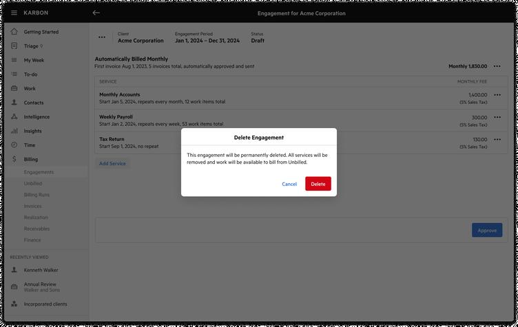 An information modal inside Karbon app that shows the delete engagement function