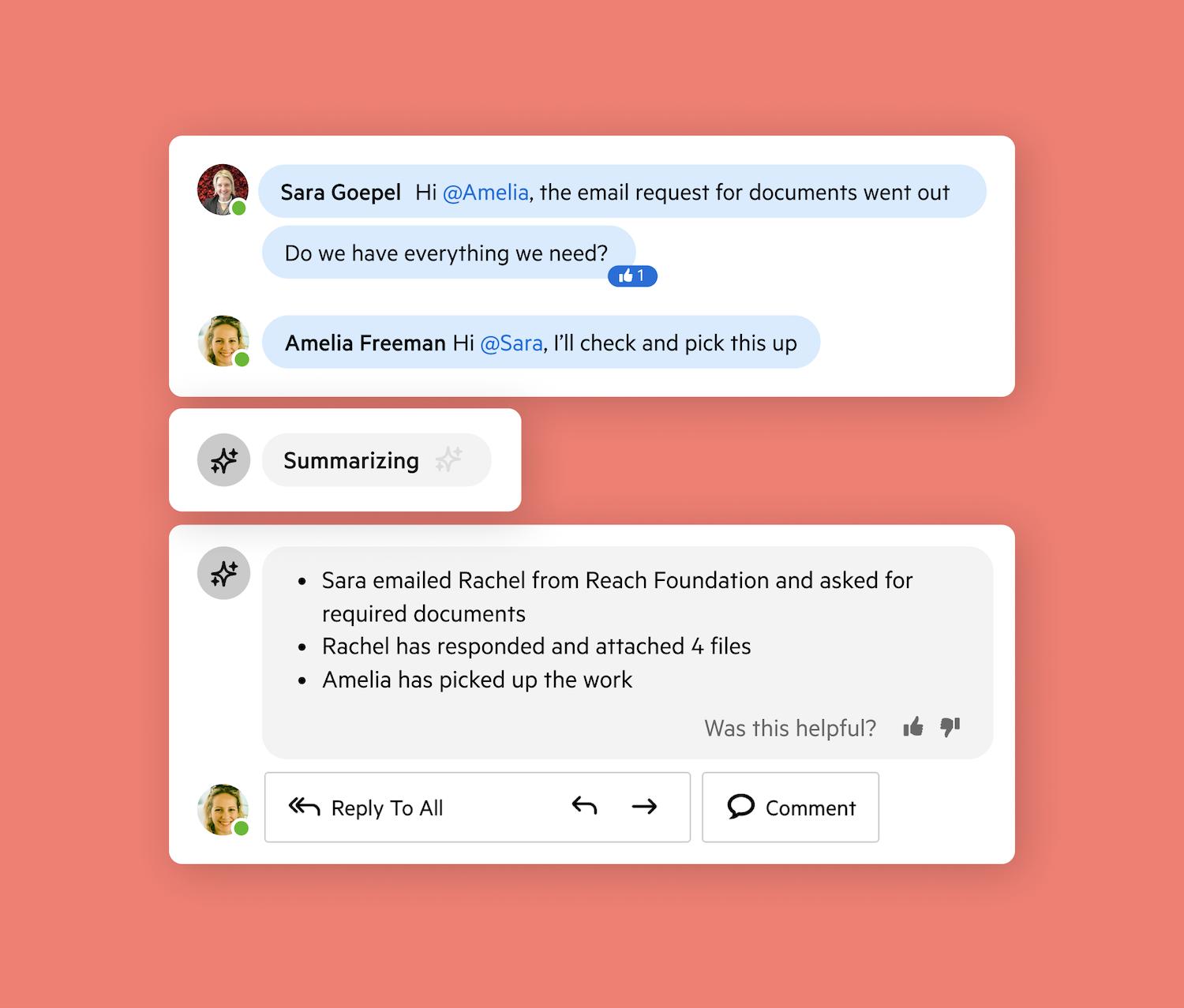 A snapshot of Karbon AI in action. At the top of the image, there is a discussion happening between colleagues in Karbon's comments. Directly underneath, there is a 'Summarizing' icon, and under that, is Karbon AI's summary of the discussion in 3 simple bullet points.