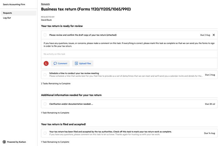 An example client's view of a client portal in Karbon.