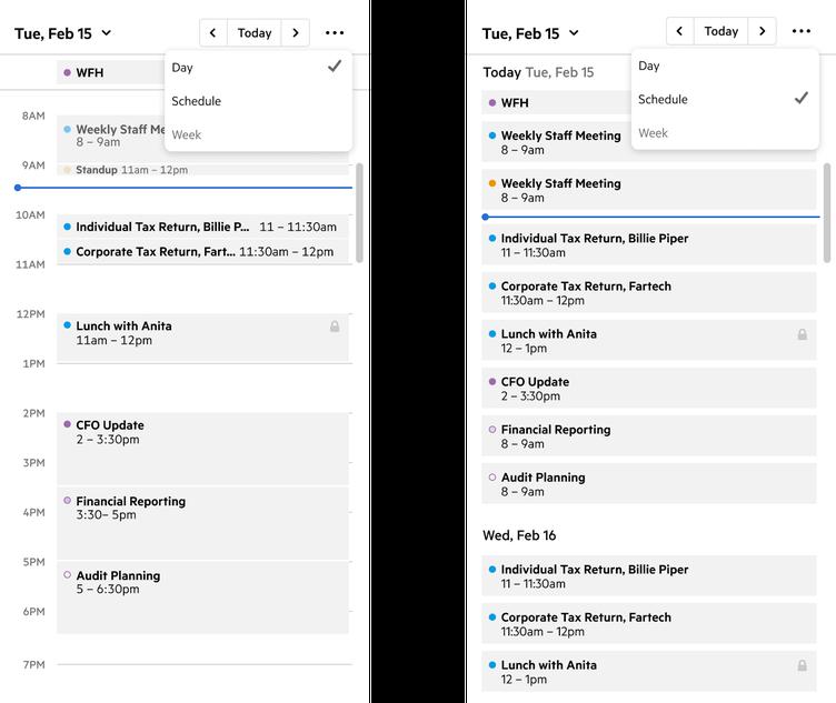 UI of calendar schedule comparison in Karbon.