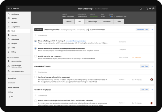 Karbon practice management software onboarding checklist work task
