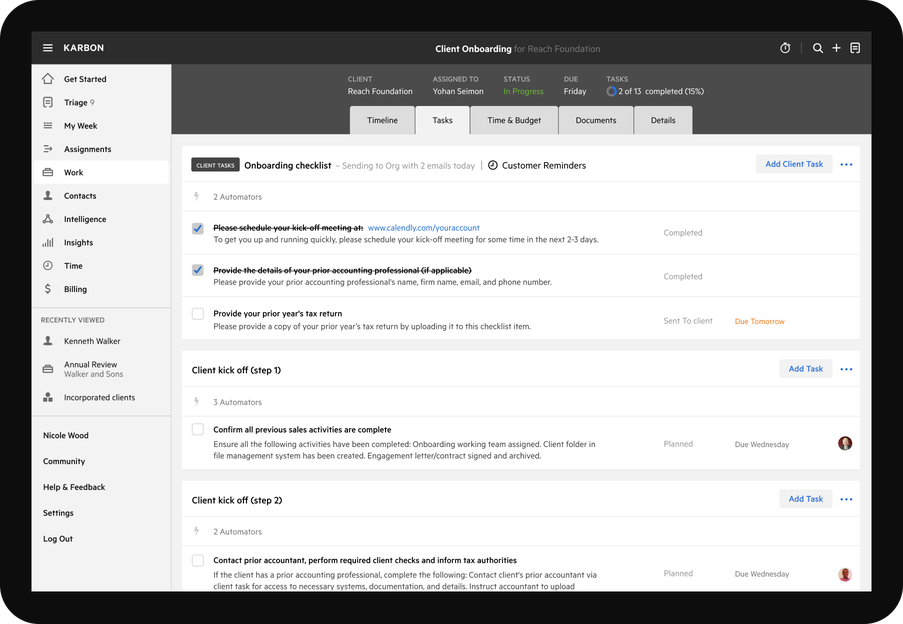 Karbon practice management software onboarding checklist work task