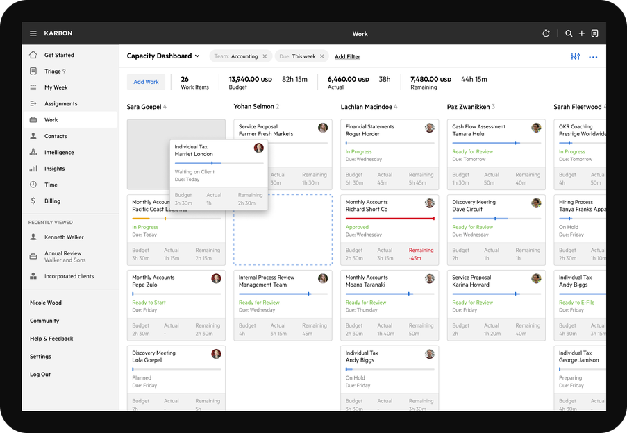 Karbon's practice management capacity planning kanban dashboard for accounting firms