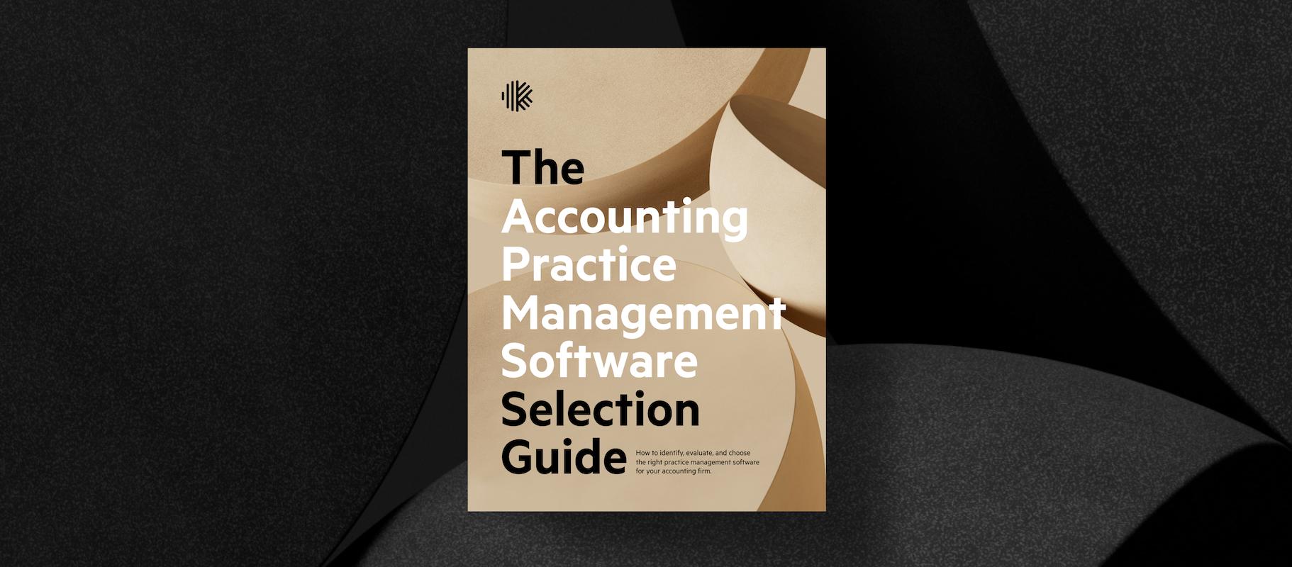Front page of the The Accounting Practice Management Software Selection Guide 2024 on top of a black and grey textured background.