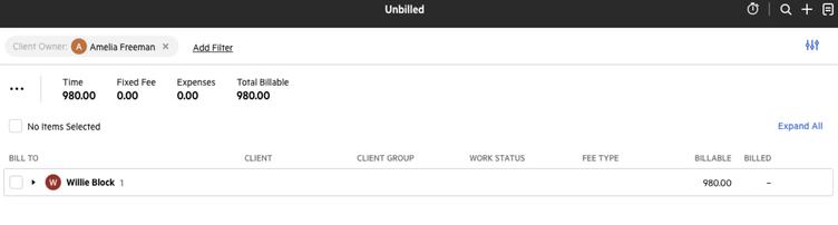 Client Manager and Client Owner filters in Unbilled