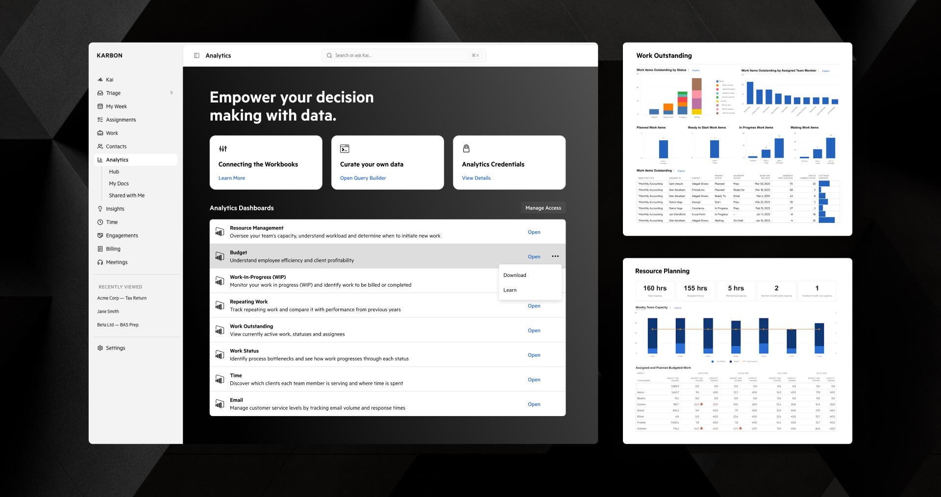 Karbon Analytics dashboard in dark mode, displaying "Empower your decision making with data." Includes dashboard lists, "Work Outstanding" charts, and "Resource Planning" graphs.