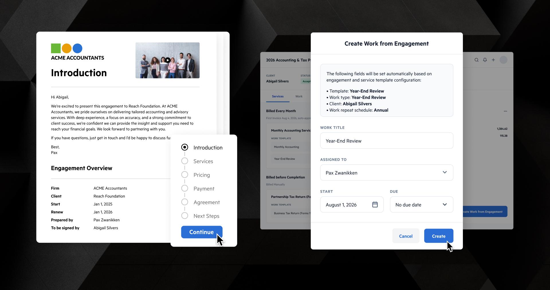 Multiple Karbon windows on a dark background, showing "Acme Accountants Introduction" document and a "Create Work from Engagement" form. Hand cursors click "Continue" and "Create".