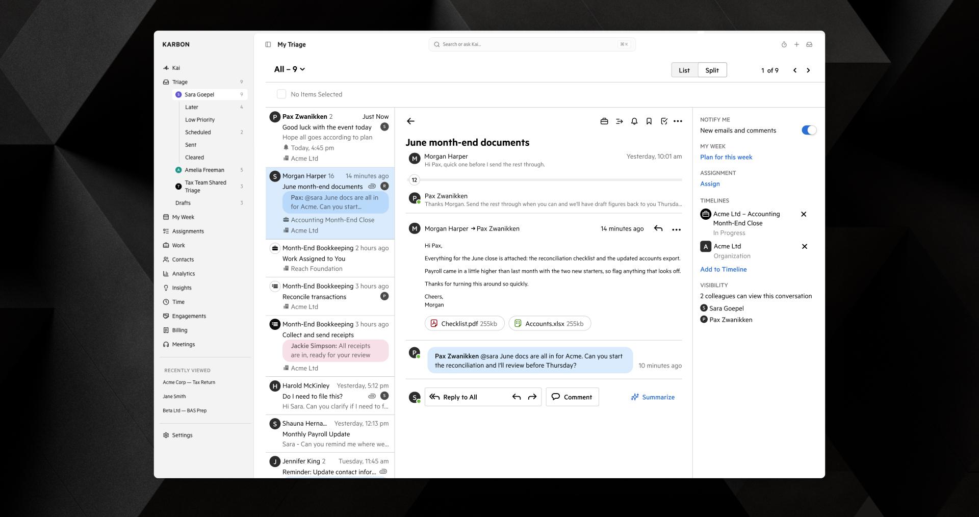 Karbon app with the Triage email management interface. Left sidebar shows navigation. Right displays 'June month-end documents' conversation with emails & attachments.