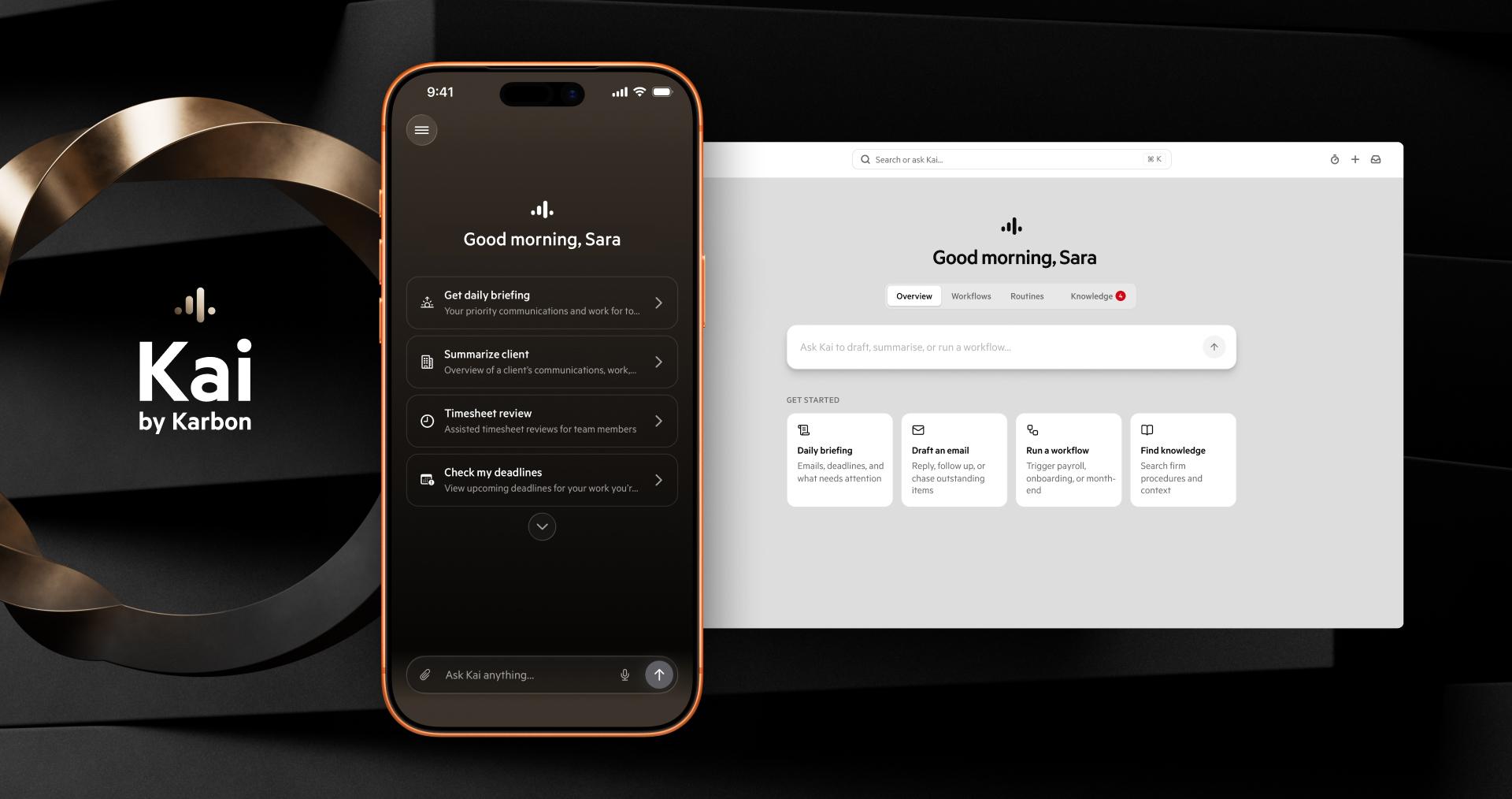 "Kai by Karbon" software on a smartphone and desktop, showing AI-powered features for daily briefings, task management, emails, and workflows.